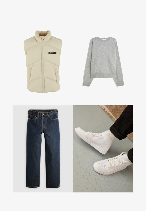 Beige polstret vest med høj krave, frontlynlås, skrå syninger og et sort logo-patch på venstre bryst. Blød, quiltet tekstur.; Grå strikket sweater med rund halsudskæring, ribbede manchetter og kant, med en afslappet pasform og blød tekstur.; Mørkeblå denimjeans med en lige ben-snit. Har fem lommer, kontrastsyning og knaplukning i taljen.; Hvide høj-top sneakers lavet af glat læder med perforeret tå, snørelukning og subtil logo detaljer på siden. Tekstureret gummisål.