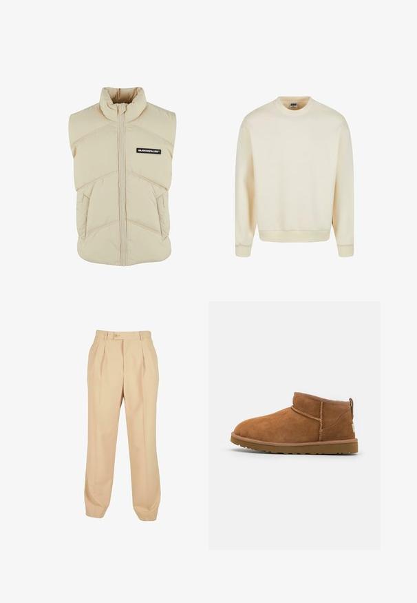 Beige polstret vest med høj krave, frontlynlås, skrå syninger og et sort logo-patch på venstre bryst. Blød, quiltet tekstur.; Crewneck sweatshirt i en lys cremet farve, lavet af blødt stof, med ribbede manchetter og kant, samt et simpelt, udekoreret design.; Beige skræddersyede bukser med forkantede folder, knaplukning og tapered ankel, lavet af letvægtsmateriale. Glat tekstur og lige pasform.; Sandal mellemhøje støvler i tan ruskind med en rund tå, subtile syninger og en tekstureret gummisål. Kort højde uden snørebånd.