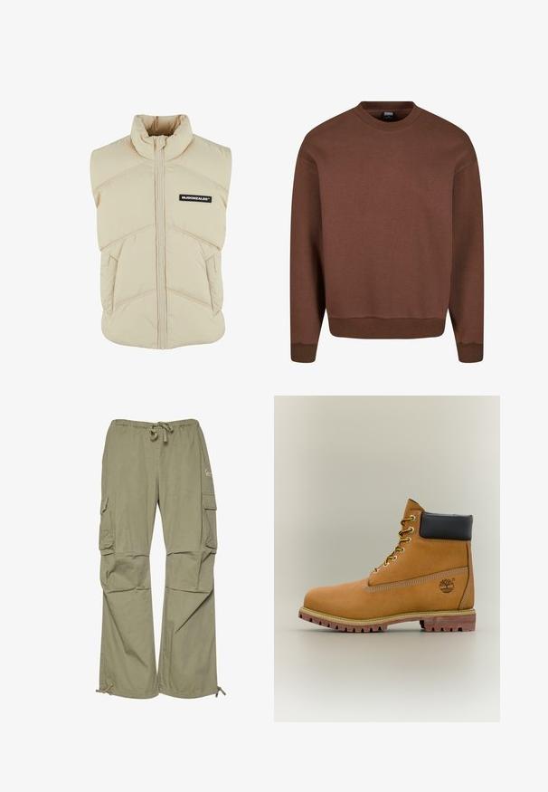 Beige polstret vest med høj krave, frontlynlås, skrå syninger og et sort logo-patch på venstre bryst. Blød, quiltet tekstur.; Brun crewneck sweatshirt lavet af blødt stof, med ribbede manchetter og kant, en glat tekstur og en klassisk silhuet.; Cargo bukser i olivengrøn, lavet af let stof, med elastisk talje, justerbare manchetter og flere sidelommer.; Brun læderankelstøvle med sort krave, gule snørebånd og tanfarvet sål. Har logo og hvide syninger som detalje. Robust ydersål med greb.