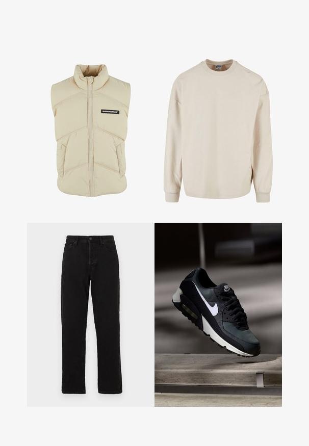 Beige polstret vest med høj krave, frontlynlås, skrå syninger og et sort logo-patch på venstre bryst. Blød, quiltet tekstur.; Beige ribbet sweatshirt med lange ærmer og rund hals, med faldne skuldre og ribbede manchetter. Blød tekstur og afslappet pasform.; Sorte denim jeans med lige ben design, der har knaplukning, bæltestropper og klassisk fem-lomme stil.; Sort og grå Nike Air Max sneaker med hvid swoosh, ophængt over en betongulv mod en sløret mørk baggrund.