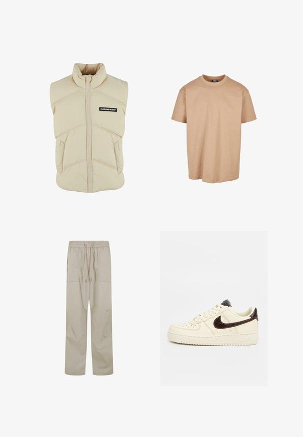 Chaleco acolchado beige con cuello alto, cremallera frontal, costuras diagonales y un parche negro en el pecho izquierdo. Textura suave y acolchada.; Camiseta de algodón beige con cuello redondo, mangas cortas y un corte relajado; presenta una textura suave y un diseño minimalista.; Pantalones relajados de color beige claro con cintura elástica, cierre con cordón y bolsillos de parche, fabricados en tela transpirable y con un acabado mate.; Zapatilla Nike Air Force 1 baja beige con logo swoosh negro, cordones beige y suela beige sobre un fondo neutro.