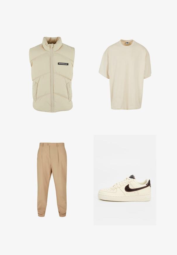Beige polstret vest med høj krave, frontlynlås, skrå syninger og et sort logo-patch på venstre bryst. Blød, quiltet tekstur.; Cremefarvet t-shirt med korte ærmer, afslappet pasform og rund halsudskæring; lavet af blødt bomuld med subtile syningsdetaljer.; Beige skræddersyede bukser med læg, knaplukning, bæltestropper og tapered ben på en hvid baggrund.; Beige lavskoet Nike Air Force 1 sneaker med sort swoosh-logo, beige snørebånd og beige sål på en neutral baggrund.