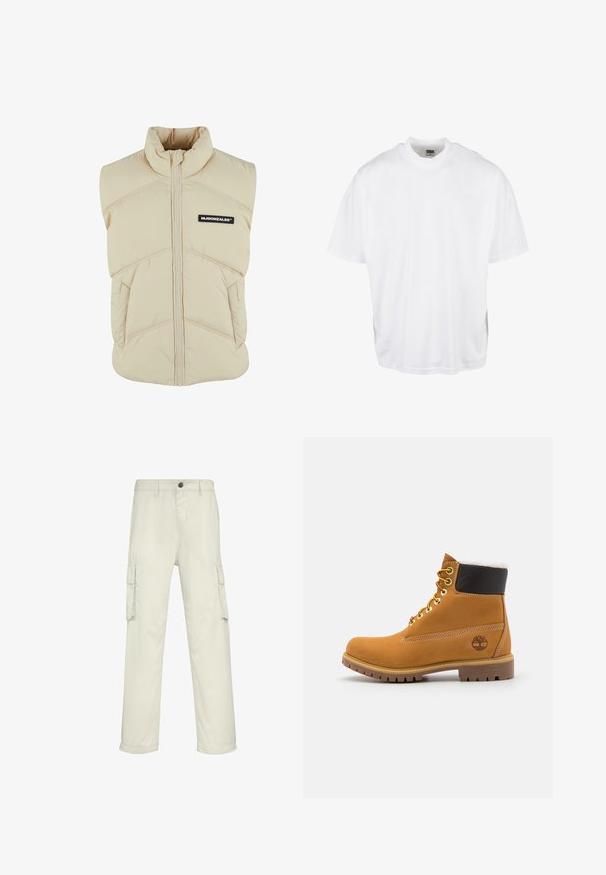 Beige polstret vest med høj krave, frontlynlås, skrå syninger og et sort logo-patch på venstre bryst. Blød, quiltet tekstur.; Hvid bomulds T-shirt med en afslappet pasform, korte ærmer og rund halsudskæring, med en lige kant og ingen synlige grafikker eller mønstre.; Beige cargo bukser lavet af en blanding af bomuld, med seks lommer, lige ben og en knaplukning i taljen.; Brune læder ankelstøvle med metaløjer, hvid pelsforing, sort polstret krave, robust sål og præget logo på siden.