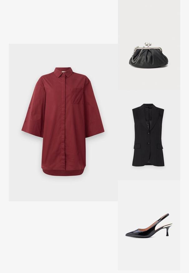 Zwarte mouwloze blazer met een notch lapel, twee voorzakken en één knoopsluiting. Glad textuur en op maat gemaakt ontwerp.; Bordeaux oversized shirt met een button-down kraag, korte brede mouwen, een borstzak en een afgeronde zoom. Gemaakt van gladde katoenstof.; Zwarte lakleren sleehak met spits toelopende neus en een hak van gemiddelde hoogte met een metalen accent vlakbij de hak.; Zwarte leren clutch met geplooide textuur, zilverkleurig metalen frame, drukknopsluiting en kettingriem. Glad, zacht oppervlak.