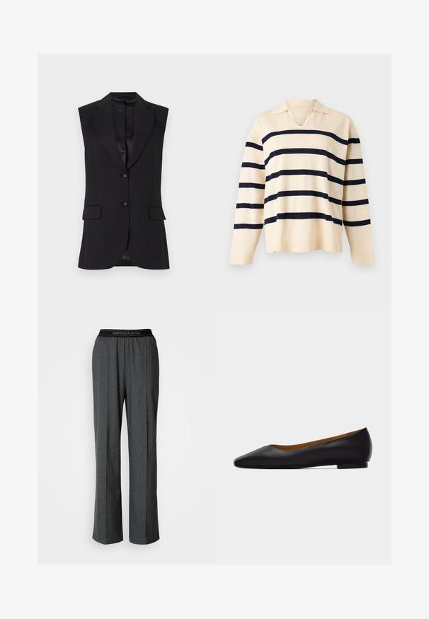 Sort ærmeløs blazer med slagkrave, to frontlommer og enkeltknaplukning. Glat tekstur og skræddersyet design.; Beige langærmet striktrøje med vandrette sorte striber og en lille krave med V-formet udskæring.; Grå, bred benbukser med læg, lavet af et tekstureret stof. Har en sort elastik i taljen med "NØRGAARD" logo.; Sort læder flad sko med spids tå, lav hæl og glat finish, vist fra siden på en lysegrå baggrund.
