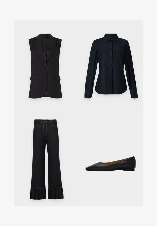 Blazer negro sin mangas con solapa de muesca, dos bolsillos frontales y cierre de un botón. Textura suave y diseño ajustado.; CLOSED SEAMING SHIRT - Blusa - dark blue; Pantalones acampanados negros de denim con costuras blancas en contraste y un acento de tela a rayas en el dobladillo. Presenta bolsillos frontales.; Zapato plano de punta puntiaguda de cuero negro con tacón bajo y acabado liso, mostrado de perfil sobre un fondo gris claro.