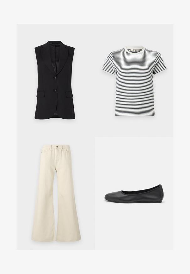 Sort ærmeløs blazer med slagkrave, to frontlommer og enkeltknaplukning. Glat tekstur og skræddersyet design.; Stribet T-shirt i hvid og marineblå med korte ærmer og rund halsudskæring. Har vandrette striber i forskellige bredder. Blødt bomuldsstof.; Lysbeige buks med flair lavet af bomuld. Har høj talje, fem lommer og en knaplukning med kontrasterende syninger.; Sort læderballetsko med rund tå, glat tekstur, minimal syning og et fleksibelt såldesign.