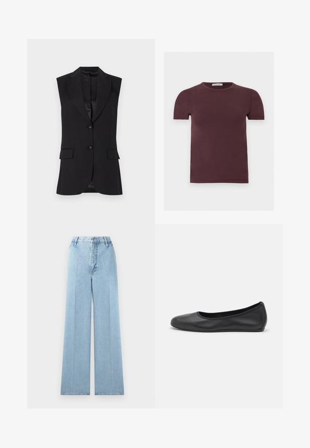 Sort ærmeløs blazer med slagkrave, to frontlommer og enkeltknaplukning. Glat tekstur og skræddersyet design.; Kortærmet t-shirt med rund hals i mørk burgunder, lavet af blødt stof, med et lille mærke indeni kraven.; Lyseblå bredbenede jeans lavet af denim med høj talje, som har fem bæltestropper, en frontknaplukning og stikninger.; Sort læderballetsko med rund tå, glat tekstur, minimal syning og et fleksibelt såldesign.