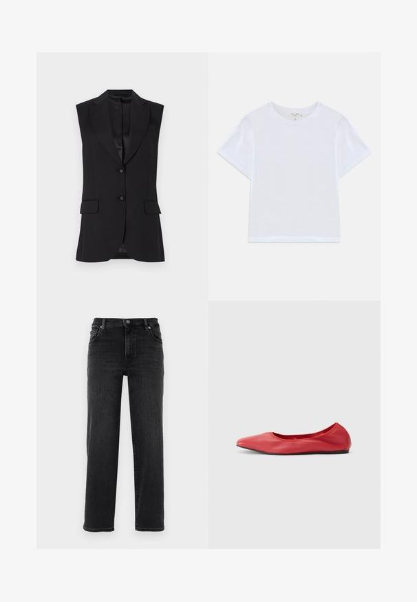 Sort ærmeløs blazer med slagkrave, to frontlommer og enkeltknaplukning. Glat tekstur og skræddersyet design.; Hvid cropped t-shirt lavet af blødt bomuld, med rund hals og korte ærmer og en let løs pasform. Ingen mønstre eller accenter.; Sorte denim jeans med lige pasform. Har en knaplukning, fem-lomme design og minimale syninger. Glat tekstur.; Filippa K REY FLATS - Ballerinasko - bright red