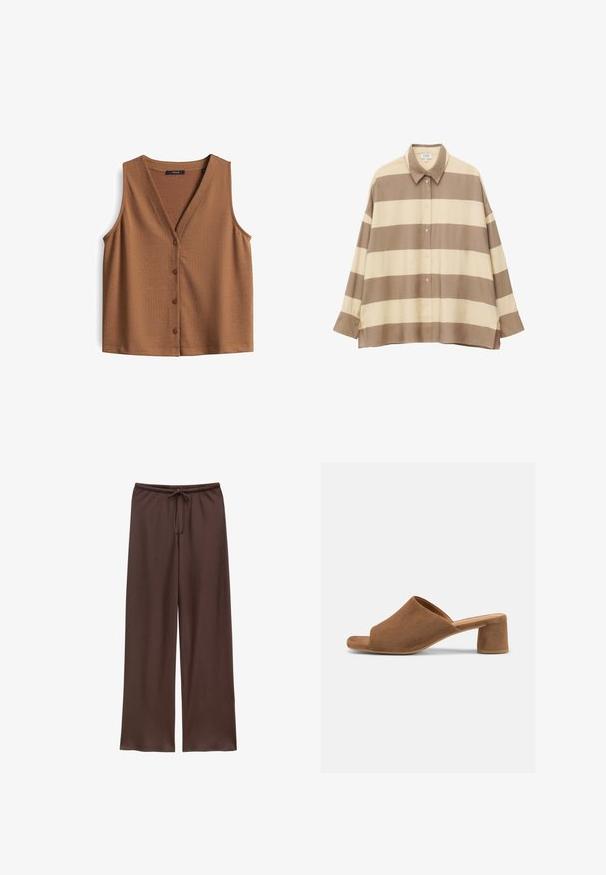 Brauner ärmelloser Oberteil aus glattem Stoff, mit einem V-Ausschnitt und sechs Knopfverschlüssen auf der Vorderseite. Schlichtes, einfarbiges Design.; Langärmliges Hemd mit Knöpfen und breiten horizontalen beige- und hellbraunen Streifen sowie spitzem Kragen.; Braune weite Hose mit elastischem Bund und Kordelzug, aus glattem Stoff.; Brauner Wildleder-Mule-Sandale mit offenem Zehenbereich, breitem Riemen und niedrigem Blockabsatz auf hellem, einfarbigen Hintergrund.