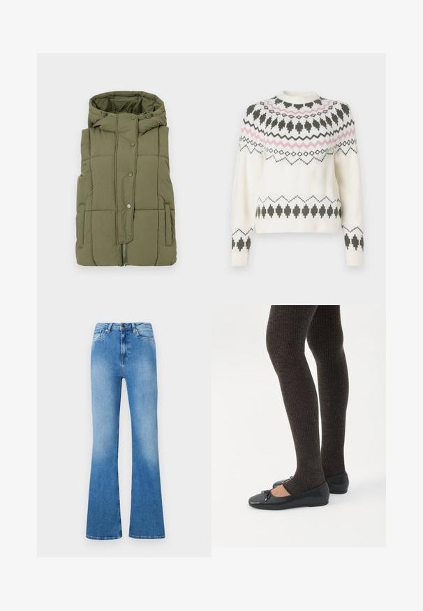 Olivengrøn polstret vest med hætte, trykknaplukning, sidelommer og lynlås i bunden. Blødt, tekstureret stof med quiltet design.; Hvid strikket sweater med sorte og pink geometriske mønstre over brystet, ærmerne og kanten, med rund halsudskæring og ribbede manchetter.; Lysblå flagrende jeans lavet af denim. Har klassisk fem-lomme design, knaplukning og en falmet finish mod bunden.; Ben iført mørke ribbede leggings kombineret med sorte balletsko med små sløjfedetaljer på hvid baggrund.