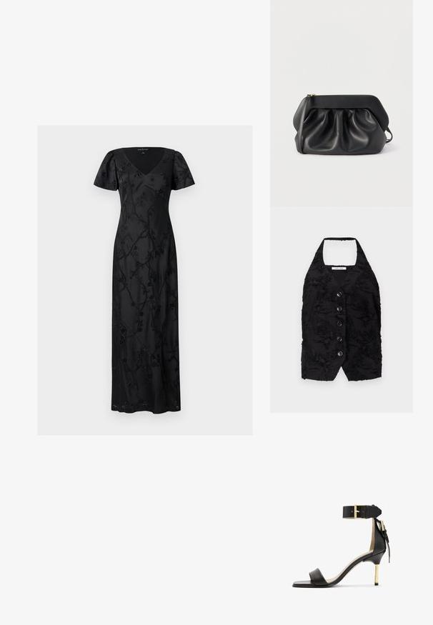 Gilet noir en tissu texturé avec des motifs en relief, décolleté en V, et six boutons à l'avant. Encolure halter, sans manches, conception cropped.; Robe noire longue jusqu'au sol avec manches courtes, encolure en V et détail subtil de broderie florale sur tout le tissu.; Sandale à talon en cuir noir avec un bout carré, une bride de cheville dotée d'une boucle en or et un talon métallique fin. Texture lisse, design minimaliste.; Pochette en cuir noir avec une structure rigide, des détails froncés et une fine lanière de poignet sur fond blanc.