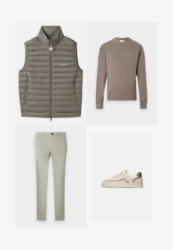 Puffervest i dæmpet grå, med høj krave, lynlås foran og to sidelommer. Let tekstureret med quiltet syning.; Langærmet taupe sweatshirt med ribbede manchetter og kant, med lille hvid "Tiger of Sweden" logo på venstre bryst.; Lysegrå chinos lavet af bomuld med en glat tekstur, lige ben, knaplukning og forlommer.; Lavtop beige sneaker med snørelukning, ruskind- og læderpaneler og en rillede gummisål på en ensfarvet hvid baggrund.