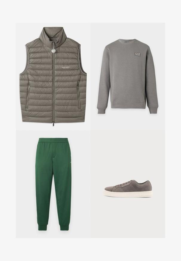 Puffervest i dæmpet grå, med høj krave, lynlås foran og to sidelommer. Let tekstureret med quiltet syning.; Grå langærmet sweatshirt med rund hals, ribkanter ved ærmer og kant, med et lille EA7 Emporio Armani logo patch på øverste venstre bryst.; Grønne sweatpants med et behageligt elastisk talje bånd, tapered ben og ribbede manchetter. Fremstillet af et glat, strækbart stof.; Grå lavtops ruskindssneaker med snørelukning foran og hvid gummisål, mærket "Armani Exchange" på siden og sålen.