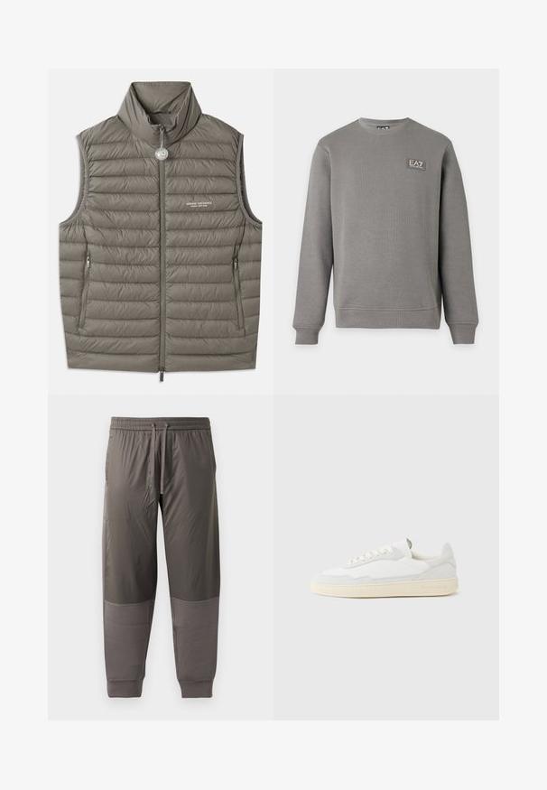 Puffervest i dæmpet grå, med høj krave, lynlås foran og to sidelommer. Let tekstureret med quiltet syning.; Grå langærmet sweatshirt med rund hals, ribkanter ved ærmer og kant, med et lille EA7 Emporio Armani logo patch på øverste venstre bryst.; Mørkegrå træningsbukser med elastisk talje og justerbar snøre. Har glat stof med ribbede manchetter og kontrastpaneler.; Hvid sneakers med en øvre del i tekstureret ruskind og læder. Har rundet tå, snørelukning og kontrasterende beige gummisål.