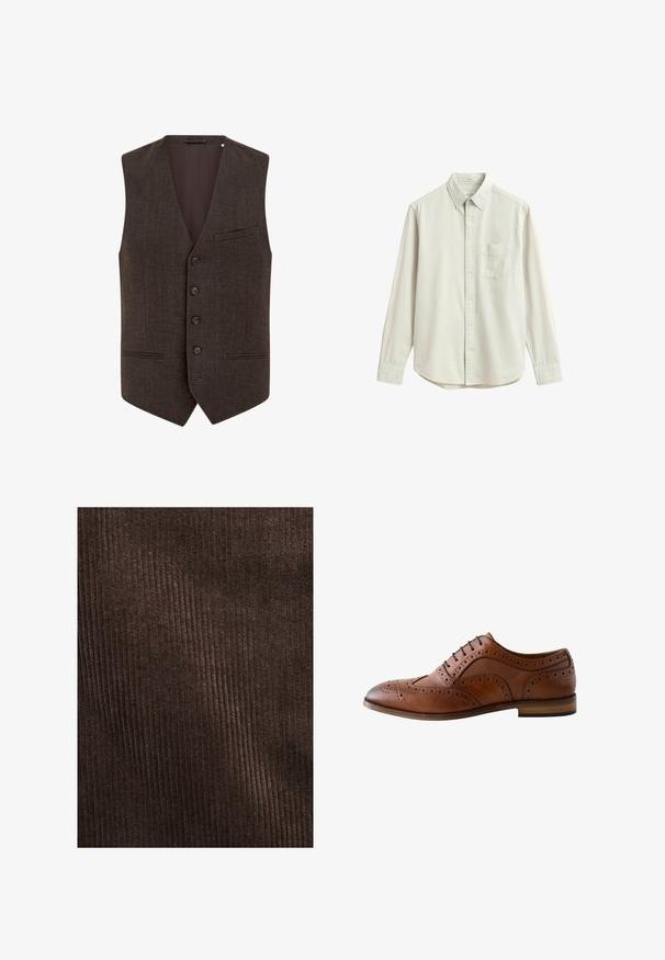Chaleco marrón de mezcla de lana con cuello en V, frente de cinco botones, dos bolsillos con solapas estrechas y un forro interior suave.; Camisa beige de manga larga con botones, bolsillo frontal en el pecho y cuello clásico, mostrada extendida sobre un fondo blanco.; Tejido de pana marrón con costillas verticales, textura suave y un color profundo y rico, adecuado para tapicería o ropa.; Zapato brogue marrón de cuero para hombre con diseño de ala, detalles perforados, cordones negros y tacón plano sobre fondo blanco.
