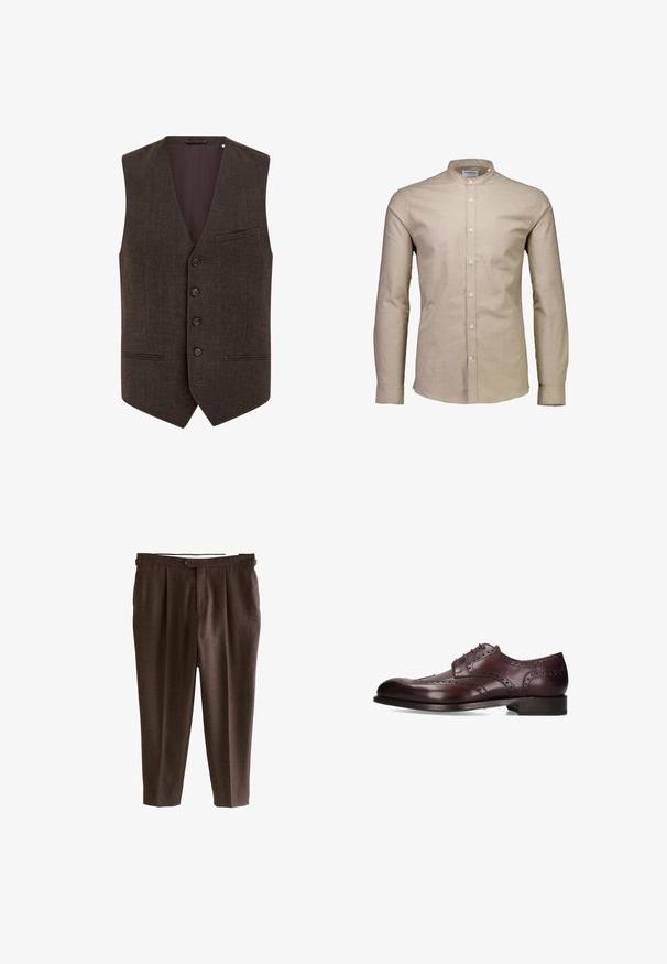 Chaleco marrón de mezcla de lana con cuello en V, frente de cinco botones, dos bolsillos con solapas estrechas y un forro interior suave.; Camisa beige de manga larga con cuello mao, con botones en la parte delantera y tela de algodón suave, ofreciendo un diseño limpio y minimalista.; Pantalones marrones con plisados y diseño de pierna recta, que cuentan con un cierre de botón único, elaborados en una tela texturizada.; Zapato oxford de cuero marrón con detalles de brogue, punta redondeada, diseño con cordones y un tacón ligeramente elevado. Textura suave y acabado pulido.