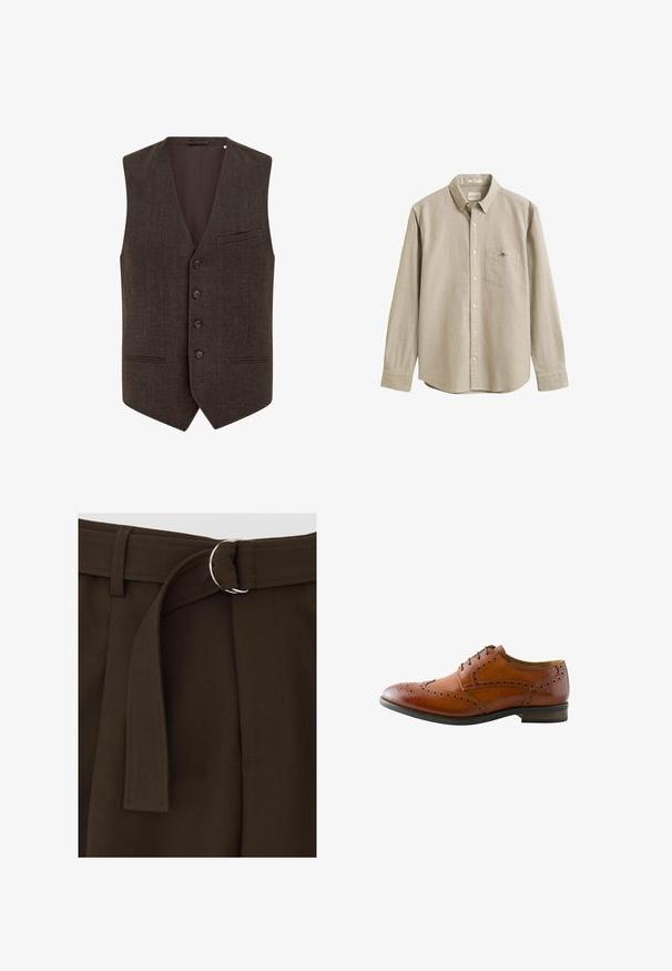 Chaleco marrón de mezcla de lana con cuello en V, frente de cinco botones, dos bolsillos con solapas estrechas y un forro interior suave.; Camisa beige de manga larga, abotonada, con cuello, bolsillo en el pecho y un pequeño logo bordado en el bolsillo. La camisa se muestra sobre un fondo liso.; Pantalones marrones a medida con hebilla de cinturón circular plateada y una corbata de tela en la cintura, con textura suave y detalles de costura limpia.; Zapato de vestir brogue para hombre de cuero marrón con perforaciones en punta de ala y cordones negros, mostrado desde el lado exterior.