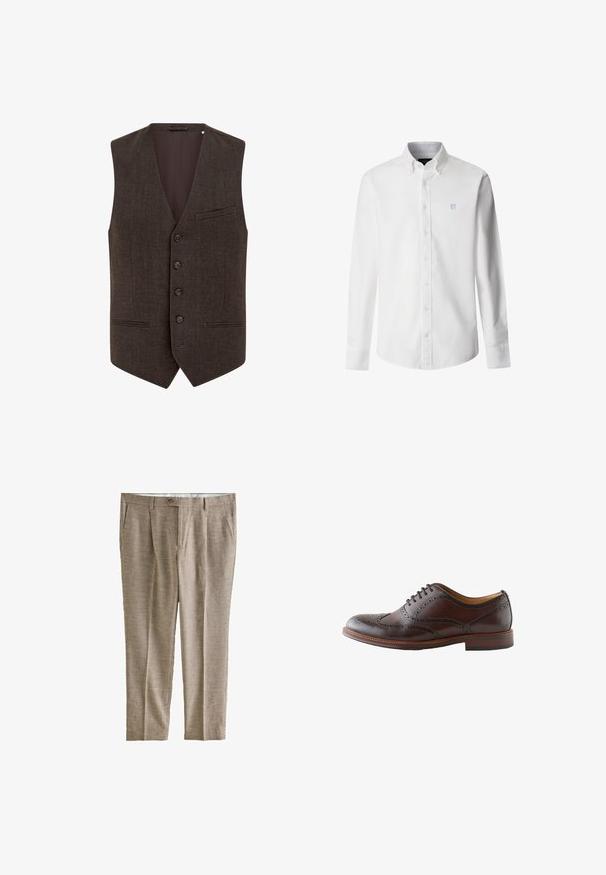 Chaleco marrón de mezcla de lana con cuello en V, frente de cinco botones, dos bolsillos con solapas estrechas y un forro interior suave.; Camisa blanca de manga larga con botones y cuello abotonado con pequeño logo azul "H" en el pecho izquierdo.; Pantalones de vestir para hombre en beige y marrón con pequeño estampado de cuadros, con trabillas para cinturón y bolsillos delanteros, presentados planos sobre fondo blanco.; Zapato brogue tipo wingtip de cuero marrón oscuro con detalles perforados y cordones, mostrado desde el lado exterior sobre un fondo blanco.