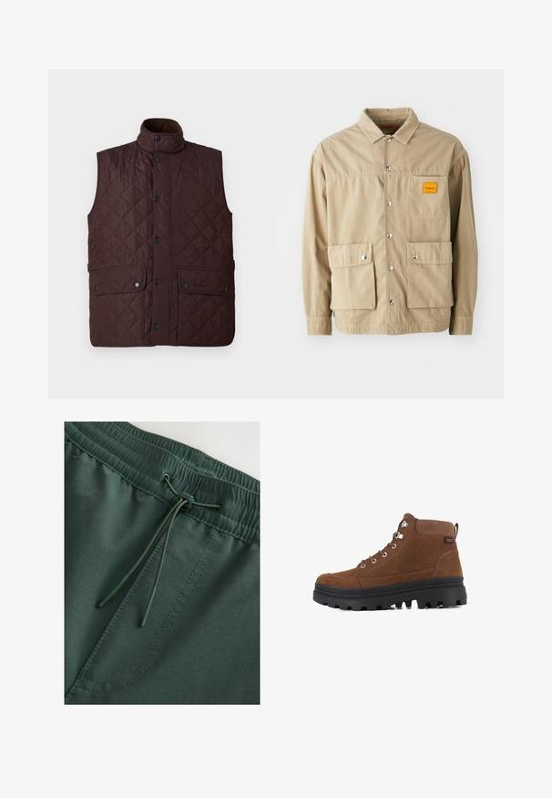 Braune gesteppte Weste mit hohem Kragen, Druckknöpfen und zwei Fronttaschen. Verfügt über ein Rautenmuster und eine glatte Textur.; Replay Inc. SHIRT - Hemd - khaki; Dunkelgrüne Sweatshorts mit elastischem Bund und Kordelzug, glatte Textur und sichtbare Nähdetails. Schlichtes, funktionales Design.; Braune Wildleder-Mid-Top-Stiefel mit Metallösen, schwarzer Gummisohle, strukturierten Akzenten und geprägtem Logo an der Seite.