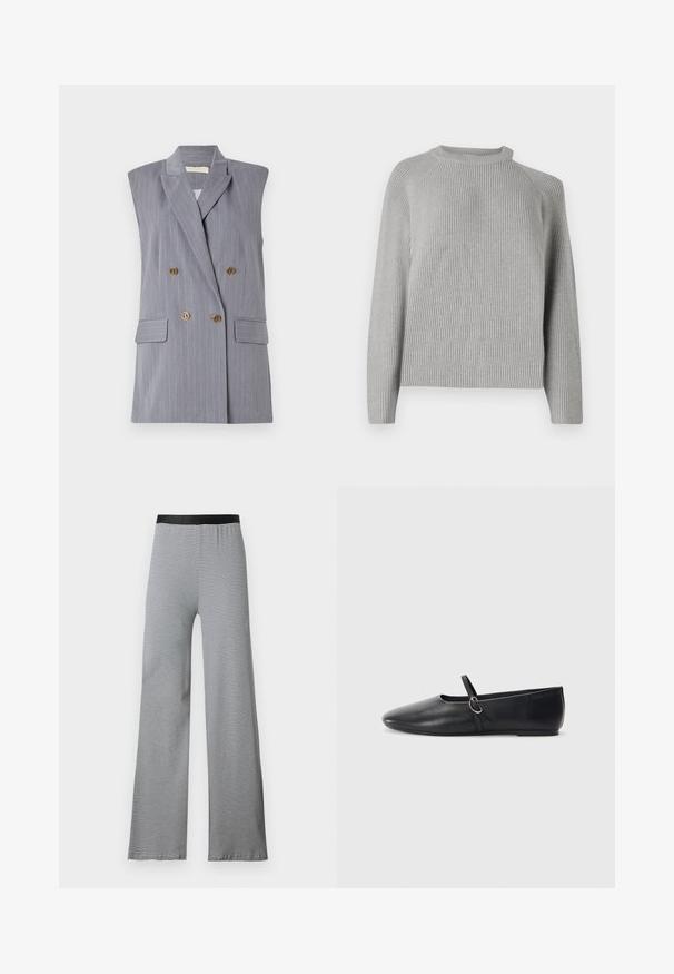 Grijze mouwloze blazer met fijne strepen, dubbele knopen aan de voorkant, gouden knopen en zijzakken. Glad stoffen textuur.; Copenhagen Muse COLIN PULLOVER - Trui - light grey; Zwart-wit gestreepte flared broek met een soepel elastische tailleband. Lichtgewicht stof, met een horizontaal patroon over de gehele lengte.; Zwarte leren balletschoenen met een spitse neus, platte zool en een kleine strap met een zilveren gespsluiting.