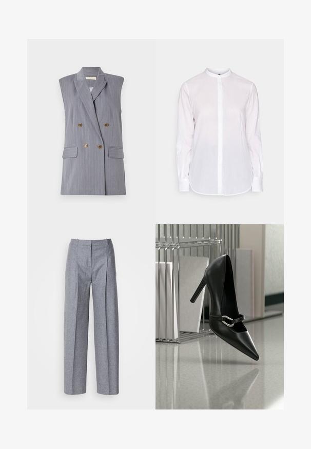 Grijze mouwloze blazer met fijne strepen, dubbele knopen aan de voorkant, gouden knopen en zijzakken. Glad stoffen textuur.; Witte longsleeve shirt met een Mandarin kraag, knoopsluiting aan de voorkant en een licht gebogen zoom. Gemaakt van lichtgewicht, gestructureerde stof.; Lichtgrijze wijdluwe broeken van een gestructureerde stof, met plooien aan de voorkant en een fijne taille. Minimalistisch ontwerp, zonder zichtbare hardware.; Zwarte puntige hoge hak met een zilveren gesp, geplaatst op een reflecterend oppervlak naast een metalen bestandhouder met papieren.