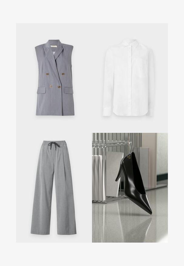 Grijze mouwloze blazer met fijne strepen, dubbele knopen aan de voorkant, gouden knopen en zijzakken. Glad stoffen textuur.; Witte longsleeve overhemd met knoopsluiting en kraag, voorzien van een borstzak en een subtiel geborduurd ontwerp.; Lichtgrijze broek met wijde pijpen, elastische tailleband en zwart trekkoord, gemaakt van gladde stof, weergegeven op een witte achtergrond.; Zwart hooggehakt schoen met puntige neus en gouden logo, geplaatst op een reflecterend oppervlak naast een verchroomde draadordner met documenten.
