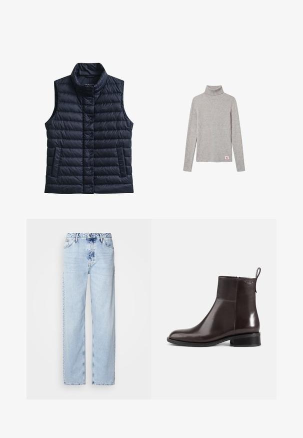 Chaleco acolchado negro sin mangas, con cuello alto, botones de presión delanteros y dos bolsillos delanteros.; Jersey de cuello alto de canalé gris claro con mangas largas y un pequeño parche con el logo de CK en rojo y blanco cerca del dobladillo inferior.; Jeans de pierna ancha en azul claro, confeccionados en denim, con una cintura alta, un lavado desgastado y un sutil patrón de tie-dye en la parte delantera.; Botín de cuero marrón oscuro con tacón bajo de bloque, cremallera lateral y lengüeta de tela en la parte trasera, mostrado de perfil sobre fondo blanco.