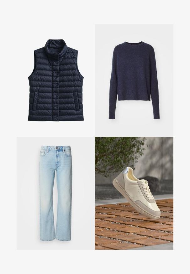 Zwarte doorgestikte mouwloze bodywarmer met hoge kraag, voorste drukknoopsluiting en twee voorzakken.; Marineblauw pullover met lange mouwen, een ronde halslijn en ribbelboorden aan de mouwen en onderkant. Gemaakt van een zachte, gestructureerde stof.; Lichtblauwe wijde jeans van denim, voorzien van een klassiek vijf-pocket ontwerp en een subtiele vervaagde textuur. Denimstiksels zijn zichtbaar.; Beige en crème kleurige sneaker met zilveren hieldetail, veters gestrikt, geplaatst bovenop een betegeld houten oppervlak met een wazige achtergrond van groen en een muur.