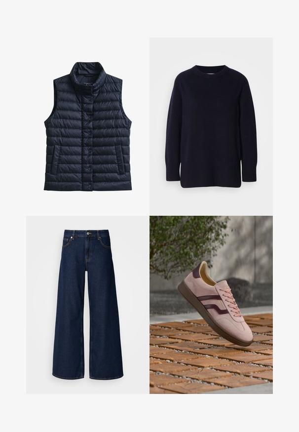 Sort quiltet uden ærmer dynevest med høj krave, forreste trykknapper og to forlommer.; Mørk marineblå crewneck langærmet sweater med en blød, strikket tekstur og ribbede manchetter og kant mod en lys grå baggrund.; Bredde ben mørkeblå denimbukser med høj talje, frontlommer og knaplukning. Har kontrastsyninger og en glat tekstur.; Lyserød ruskindssneaker med mørkerøde striber og brun sål, der svæver over en udendørs træ- og småstensoverflade med sløret grøn baggrund.