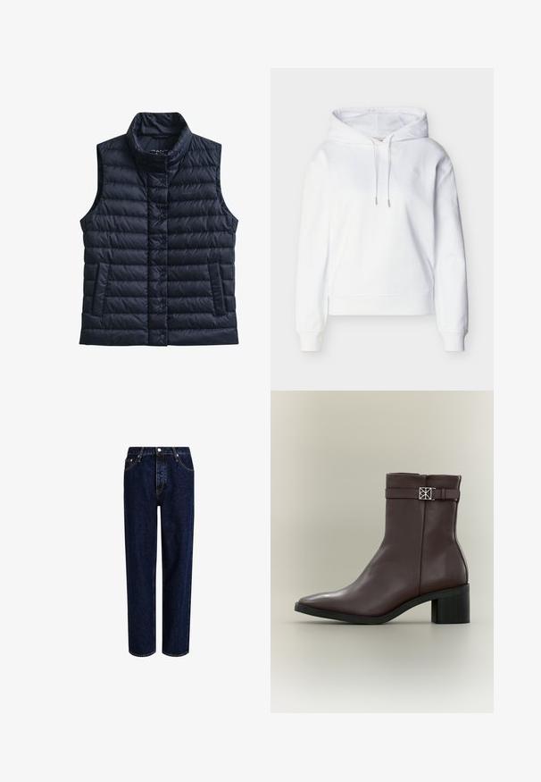 Chaleco acolchado negro sin mangas, con cuello alto, botones de presión delanteros y dos bolsillos delanteros.; Sudadera blanca de manga larga con capucha y cordones, puños y dobladillo acanalados, y un sutil logo "ck" en el pecho izquierdo.; Jeans de mezclilla azul oscuro con un diseño de pierna recta, que presentan una cintura alta, estilo de cinco bolsillos y costuras en contraste. Sin adornos.; Botín de cuero marrón oscuro con tacón bloque, puntera puntiaguda y tira decorativa con hebilla cuadrada plateada sobre fondo neutro.
