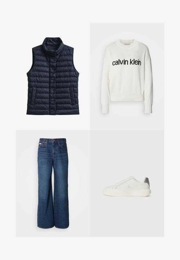Zwarte doorgestikte mouwloze bodywarmer met hoge kraag, voorste drukknoopsluiting en twee voorzakken.; Witte gebreide trui met ronde hals en lange mouwen, voorzien van een zwart "calvin klein" logo over de borst. Zachte textuur, cropped snit.; Wijdvallende jeans van donkerblauwe denim. Kenmerken zijn een hoge taille, vijf zakken en contrasterende oranje stiksels langs de naden.; Witte sneaker van leer met een gladde textuur, featuring een zilveren accent op de hiel, een platte zool en een minimalistisch ontwerp.