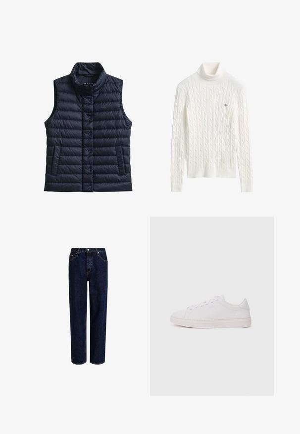 Zwarte doorgestikte mouwloze bodywarmer met hoge kraag, voorste drukknoopsluiting en twee voorzakken.; Witte kabelgebreide coltrui met lange mouwen en een klein geborduurd logo op de borst.; Donkerblauwe denim jeans met een straight-leg ontwerp, voorzien van een hoge taille, vijf zakken en contrasterende stiksels. Geen versieringen.; Witte sneaker met een gladde leren bovenkant, ronde neus en platte rubberen zool. Heeft een vetersluiting en een subtiel logo aan de zijkant.