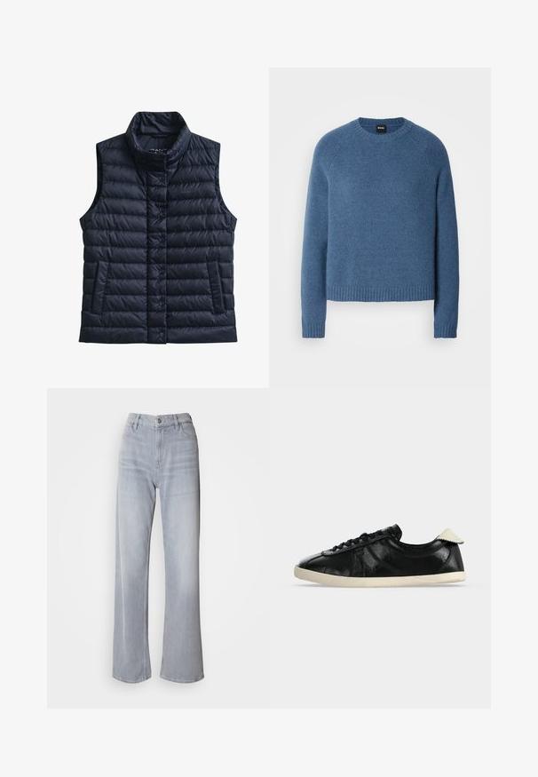 Chaleco acolchado negro sin mangas, con cuello alto, botones de presión delanteros y dos bolsillos delanteros.; Suéter azul acogedor hecho de un tejido suave, con un cuello y puños acanalados, con un corte relajado y una textura sutil.; Jeans de pernera ancha en gris claro, con cintura alta, hechos de denim. Presentan bolsillos frontales, cremallera y un leve desvanecimiento por toda la prenda.; Zapatilla deportiva negra de corte bajo con suela blanca y pestaña en el talón, empeine de cuero texturizado y cordones negros sobre un fondo claro y liso.