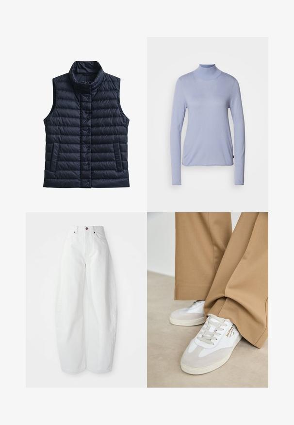 Sort quiltet uden ærmer dynevest med høj krave, forreste trykknapper og to forlommer.; Lyseblå langærmet turtleneck-top fremstillet af blødt stof, med en tætsiddende pasform og en glat tekstur. Minimalistisk stil uden mønstre.; Højtaljede hvide denimbukser med løs pasform. Har en knaplukning, sidelommer og et minimalistisk design. Glat tekstur.; Hvide sneakers med ruskinddetaljer, strukturerede snørebånd og gummisål. Kombineret med løse, brune bukser. Logoet er vist på siden.