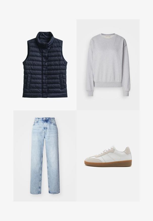 Zwarte doorgestikte mouwloze bodywarmer met hoge kraag, voorste drukknoopsluiting en twee voorzakken.; Grijze katoenen sweatshirt met lange mouwen, ronde hals, geribbelde manchetten en onderrand, met een subtiele geborduurde logo op de borst.; Lichtblauwe high-waisted jeans met een losse pasvorm, met rechte pijpen, vijf zakken en een klassieke knoop- en ritssluiting.; Witte leren sneakers met beige suède accenten, een gestructureerde tong en een rubberen zool. Voorzien van witte veters en subtiele gestikte details.