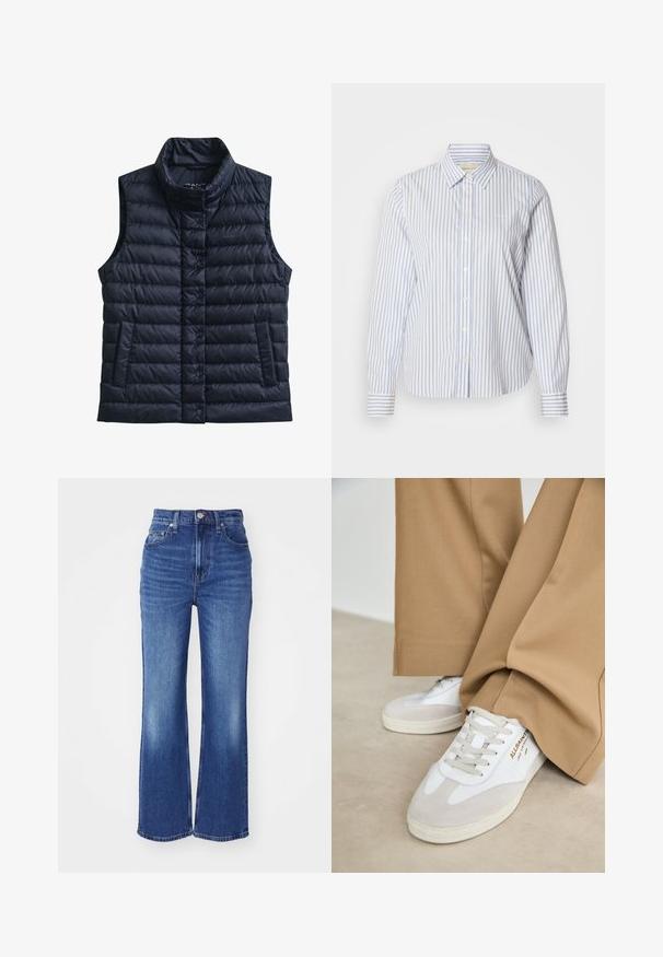 Sort quiltet uden ærmer dynevest med høj krave, forreste trykknapper og to forlommer.; Blå- og hvidstribet skjorte med knapper, klassisk krave, lange ærmer og en lige kant. Stoffet har en glat tekstur.; Blå denim flared jeans med høj talje, fem lommer, subtil falmning og kontrasterende syninger. Har lynlås og knaplukning.; Hvide sneakers med ruskinddetaljer, strukturerede snørebånd og gummisål. Kombineret med løse, brune bukser. Logoet er vist på siden.