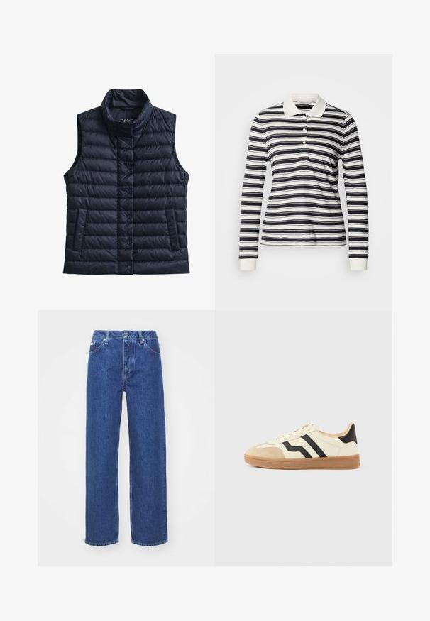 Veste sans manches matelassée noire avec col montant, boutons-pression à l'avant et deux poches avant.; Polo à manches longues avec rayures bleu marine et blanches, en coton, patte de boutonnage à trois boutons et poignets côtelés. Design classique avec col.; Jeans en denim bleu à jambe large avec taille haute, dotés d'un zip et d'une fermeture à bouton, de passants de ceinture et de détails légèrement décolorés sur le tissu.; Baskets à lacets avec une tige crème ornée de rayures noires et un bout en daim, complétées par une semelle en caoutchouc marron.