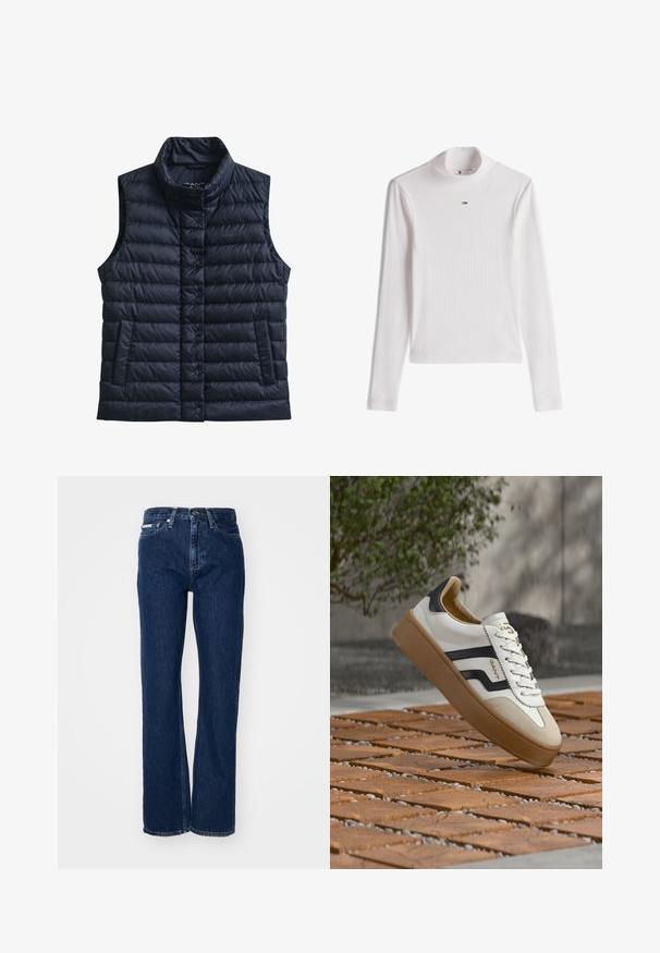 Chaleco acolchado negro sin mangas, con cuello alto, botones de presión delanteros y dos bolsillos delanteros.; Camiseta blanca de canalé con cuello alto de manga larga y un pequeño logo de Tommy Hilfiger centrado debajo del cuello.; Vaqueros de mezclilla azul oscuro con piernas rectas, cierre de botón y cinco bolsillos. La tela tiene una ligera textura con sutiles detalles en la costura.; Zapatilla blanca con detalles en negro y ante marrón claro, con suela de goma texturizada y diseño con cordones. Logo de la marca visible en el lateral.
