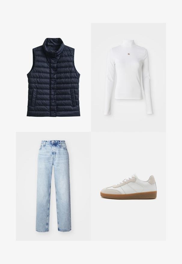 Zwarte doorgestikte mouwloze bodywarmer met hoge kraag, voorste drukknoopsluiting en twee voorzakken.; Witte turtleneck met lange mouwen, gemaakt van ribbelstof. Bevat een klein geborduurd logo in het midden. Aansluitend ontwerp zonder patronen.; Lichtblauwe high-waisted jeans met een losse pasvorm, met rechte pijpen, vijf zakken en een klassieke knoop- en ritssluiting.; Witte leren sneakers met beige suède accenten, een gestructureerde tong en een rubberen zool. Voorzien van witte veters en subtiele gestikte details.