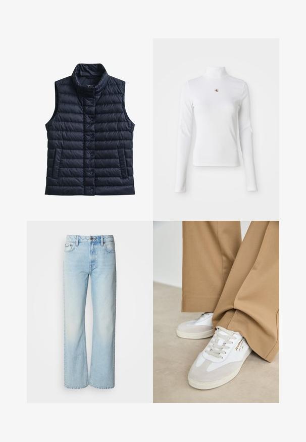 Zwarte doorgestikte mouwloze bodywarmer met hoge kraag, voorste drukknoopsluiting en twee voorzakken.; Witte turtleneck met lange mouwen, gemaakt van ribbelstof. Bevat een klein geborduurd logo in het midden. Aansluitend ontwerp zonder patronen.; Lichtblauwe wijde jeans van denim, voorzien van een klassiek vijf-pocket ontwerp en een subtiele vervaagde textuur. Denimstiksels zijn zichtbaar.; Witte sneakers met suède accenten, gestructureerde veters en een rubberen zool. Gecombineerd met losse beige broek. Logo zichtbaar aan de zijkant.