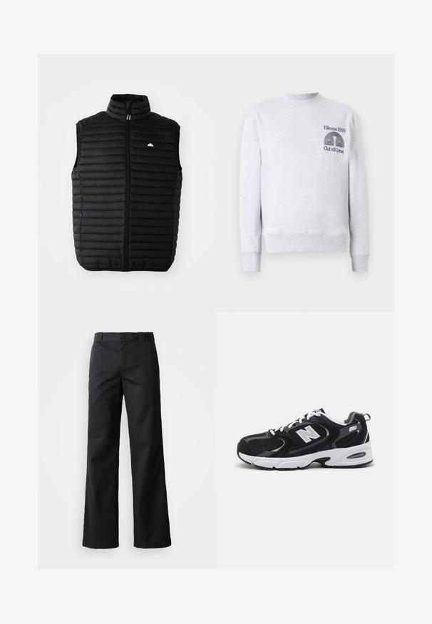 Chaleco acolchado negro sin mangas con collar alto, cremallera frontal y bolsillos laterales. Presenta un diseño de acolchado horizontal y un pequeño logo en el pecho.; Sudadera gris claro en mezcla de algodón, con cuello redondo, puños y dobladillo acanalados, y logo bordado 'Ellesse 1959 Club di Corsa' en el pecho.; Pantalones de pierna ancha negros en una tela suave. Cuenta con un cierre de botón, lazos para cinturón y bolsillos laterales. Silueta limpia y ajustada.; Zapatillas deportivas en negro y gris con parte superior de malla y ante, que cuentan con una entresuela blanca, cordones y un llamativo logo "N" en el lateral.