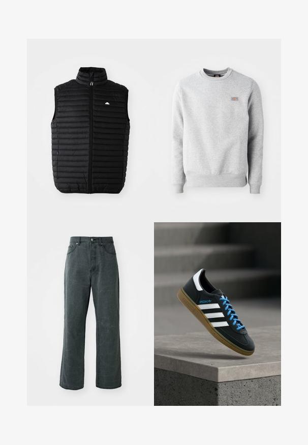 Chaleco acolchado negro sin mangas con collar alto, cremallera frontal y bolsillos laterales. Presenta un diseño de acolchado horizontal y un pequeño logo en el pecho.; Sudadera gris con cuello redondo, puños y dobladillo acanalados, hecha de un suave material de algodón. Presenta un pequeño logo en el lado izquierdo del pecho.; Vaqueros de patas anchas en gris oscuro, hechos de denim, con una cintura alta, diseño de cinco bolsillos y una sutil textura desgastada.; Zapatilla negra Adidas con franjas blancas, cordones azules y suela de goma flotando sobre un escalón de hormigón gris con luz suave.