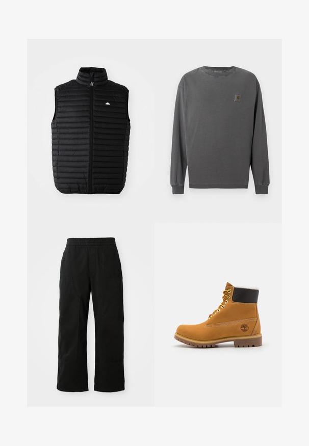 Chaleco acolchado negro sin mangas con collar alto, cremallera frontal y bolsillos laterales. Presenta un diseño de acolchado horizontal y un pequeño logo en el pecho.; Camisa de manga larga en algodón gris oscuro. Cuenta con cuello redondo, puños elásticos y un pequeño parche con el logo cuadrado en el pecho izquierdo.; Pantalones de algodón negros con una cinturilla elástica, diseño de pierna ancha y grandes bolsillos laterales. La tela parece suave con una textura lisa.; Botín de cuero marrón con ojales de metal, forro de piel sintética blanca, cuello acolchado negro, suela resistente y logotipo en relieve en el costado.