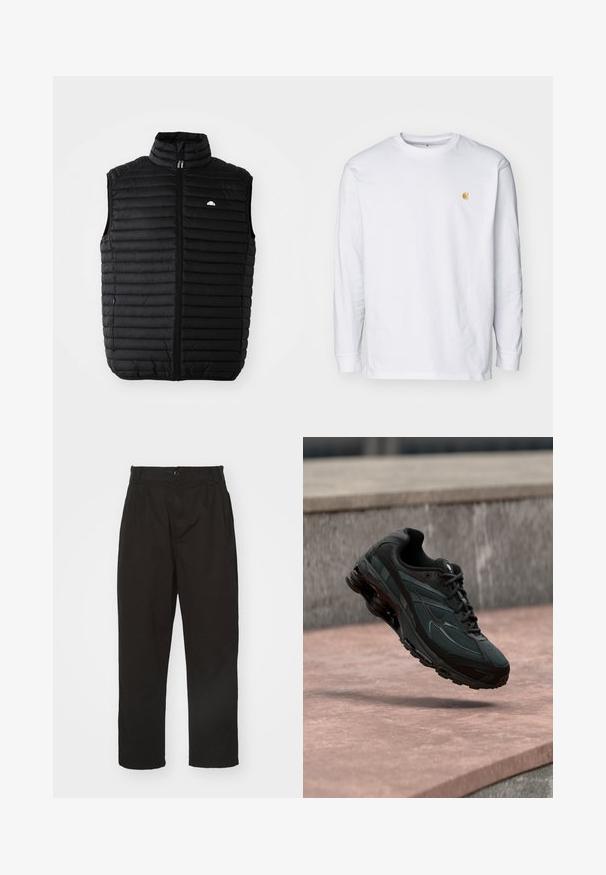 Chaleco acolchado negro sin mangas con collar alto, cremallera frontal y bolsillos laterales. Presenta un diseño de acolchado horizontal y un pequeño logo en el pecho.; Camiseta de manga larga blanca de algodón. Cuenta con un pequeño logo dorado en el pecho y un cuello redondo. Diseño simple y corte estándar.; Pantalones negros de tela suave, con cierre de botón, corte recto y dos pliegues frontales que añaden detalle.; Zapatilla deportiva negra con entresuela visible con amortiguación de aire que flota sobre una superficie de piedra rosa con un fondo de pared de piedra gris.