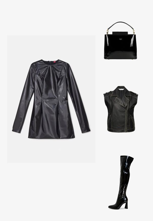 Sort lædervest med et klassisk motorcykel-design, der har en tandet krave, lynlås lukning og skulderepauleter. Fremhævede sømme.; 032c TRAPEZE TOO TIGHT MINI DRESS - Cocktailkjole / festkjole - black luster; Sorte laklæderstøvler, der går til låret, med spids snude, firkantet blokhæl og glat, blank tekstur. Ingen synligt hardware.; Sorte patentlæder håndtaske med et struktureret design, der har et top håndtag, guld hardware detaljer og en lille frontklap.