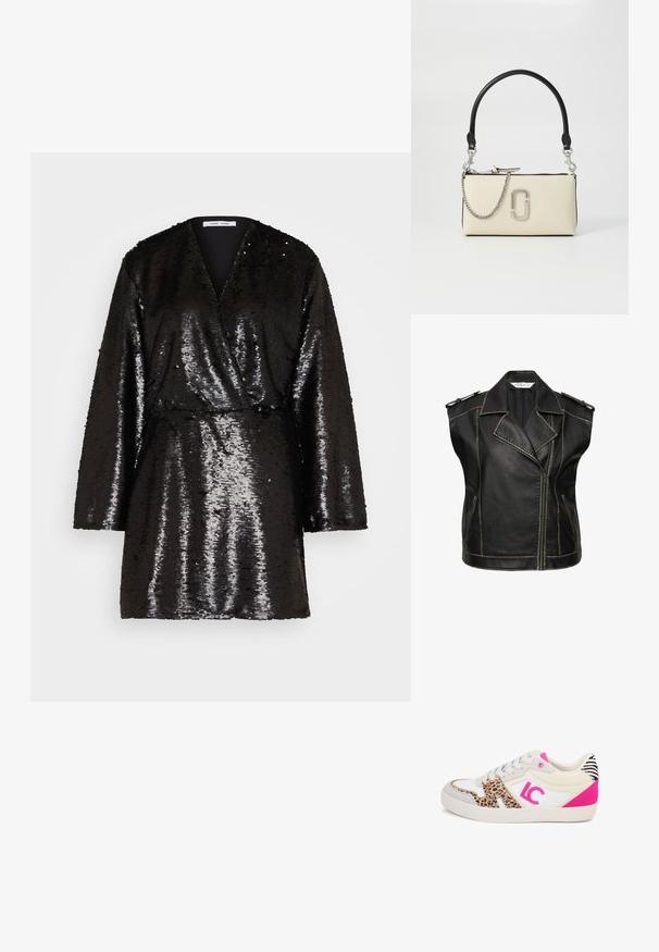 Zwarte leren vest met een klassiek motorontwerp, voorzien van een ingesneden kraag, ritssluiting en schouderepauletten. Geaccentueerde naden.; Zwarte sequinedress met een wikkeldesign, lange mouwen en een gestructureerd oppervlak. Reflecterende sequins creëren een sprankelend effect.; Witte sportschoen met luipaardprint en roze accenten. Gemaakt van synthetische materialen met een rubberen zool en textuurdetails.; Crème-kleurige handtas met een zwarte hengsel, zilveren kettingdetail en een prominent logo aan de voorkant. Glad oppervlak en ritssluiting.