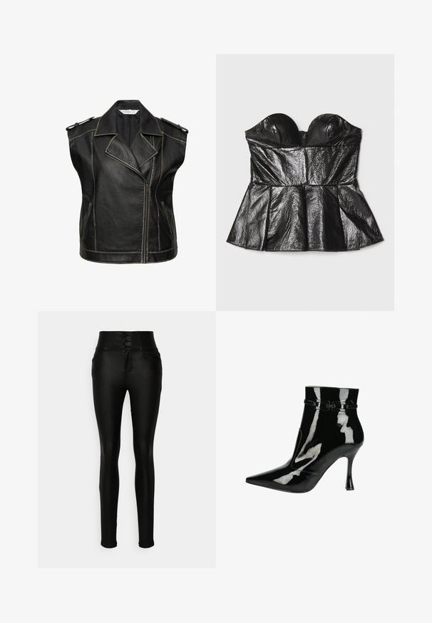 Sort lædervest med et klassisk motorcykel-design, der har en tandet krave, lynlås lukning og skulderepauleter. Fremhævede sømme.; Sara Battaglia SWEETHEART - Top - black; Vero Moda Tall VMDONNA SKINNY PANTS - Jeans Skinny Fit - black; Sorte patentlæder ankelstøvler med spids tå, blank finish, strømlinet design og en smal stilettohæl. Dekorative stropper som detalje.