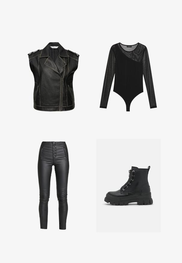 Sort lædervest med et klassisk motorcykel-design, der har en tandet krave, lynlås lukning og skulderepauleter. Fremhævede sømme.; Sort bodysuit med lange gennemsigtige mesh ærmer, en tætsiddende pasform, en asymmetrisk halsudskæring og en glat, uigennemsigtig bund.; ONLY ONLROYAL COATED BUTTON PANT - Bukser - black; Sorte ankelstøvler lavet af tekstureret læder med en kraftig gummisål, lynlås lukning og snøre-design med sølvøjer.