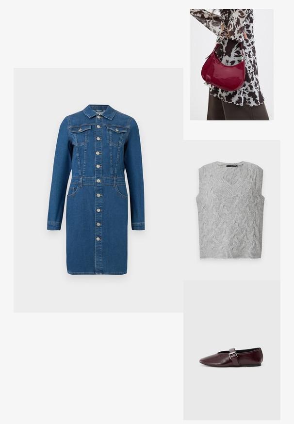 Grå strikket vest med V-hals og uden ærmer. Har et struktureret kabelmønster og ribbede kanter. Materialet ser blødt og hyggeligt ud.; Blå denim-kjole med lange ærmer, krave, knaplukning foran, bryst- og hofte-lommer samt syninger ved taljen for en tætsiddende pasform.; Bordeaux læder ballerina sko med spidse tæer, flad sål og en dekorativ spænde-strop over vristen. Glat, blank tekstur.; Kvinde iført en sort- og hvidmønstret bluse, der holder en blank rød skuldertaske mod en ensfarvet baggrund.